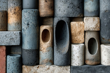An abstract composition of cylinders, rectangular blocks, and shapes with oval cutouts, crafted from porous stone and concrete. 