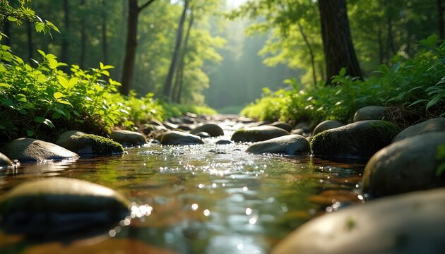 Gentle forest stream flows over mossy rocks. Sunlight filters through rich green trees. Nature path leads deeper into tranquil woods. Peaceful water scene.