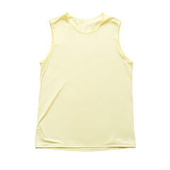 Pale yellow sleeveless shirt. Black backdrop. Simple
