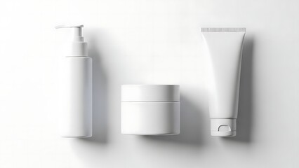 Minimalist Skincare Trio: A curated collection of pristine, unbranded skincare essentials, evoking a sense of purity and efficacy. Featuring a lotion, cream, and tube.