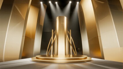 Golden cylindrical structure illuminated by spotlights on a stage with reflective surfaces