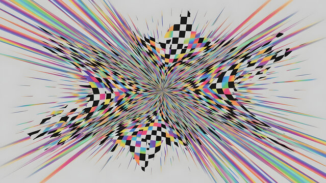 Explosi&oacute;n radial de cuadros multicolor, arte abstracto que representa chispa creativa, nacimiento de ideas e innovaci&oacute;n inspiradora