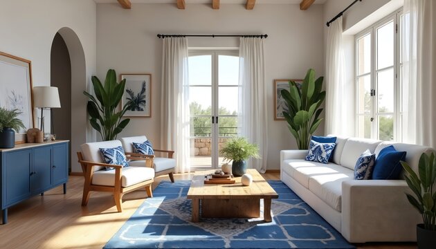 Bright Mediterranean living room with white sofa, blue chairs, wooden furniture, and green plants. Large windows offer garden views, inviting sunlight to fill the space with natural light.