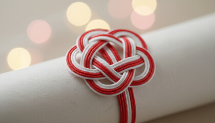 紅白の水引で作った梅結びのクローズアップと温かいボケ背景の正月飾り