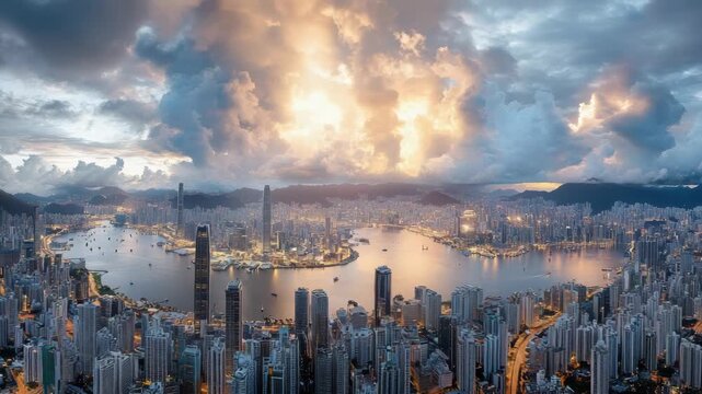 City skyline and skyscraper reflections at dramatic golden sunset with harbor and glowing clouds