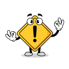 Cartoon yellow warning sign with an exclamation point, expressive eyes, and arms making the 