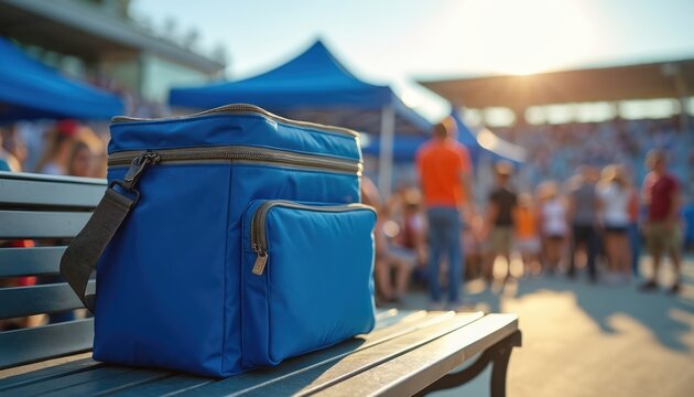 Blue cooler bag rests on bench. People gather near tents outside stadium during sunny day. Outdoor event crowd waits for sports game to start.