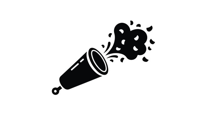 Black silhouette of a party popper exploding confetti against a white background for celebration graphics.