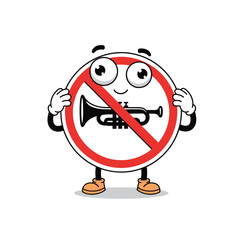 Cartoon character with a red circle and diagonal line over a trumpet, big eyes, white gloves, and orange shoes.