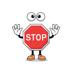 Cartoon stop sign with googly eyes, white gloved hands, and orange shoes. The sign is red with the word "STOP" in white letters.