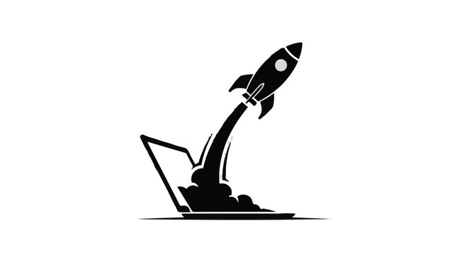 A stylized rocket launches upward from the screen of an open laptop computer.