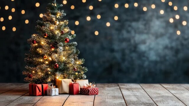 Cozy decorated Christmas tree with warm lights and wrapped gifts, pine ornaments, bokeh holiday