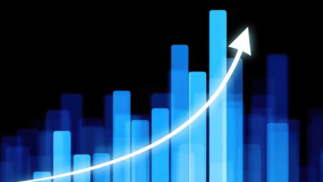 Blue bar chart with upward trend arrow showing growth and success
