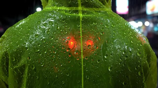 Neon Green Raincoat Hiding Fiery Secret At Night