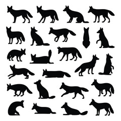 Fox/Coyote Silhouette Collection, Set of Fox/Coyote Poses, Wild Canine Silhouette Collection, Running, Sitting, and Lying Fox Graphic, Vulpine Poses Vector Set, silhouette, vector, illustration