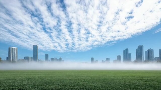 Misty skyline highrise buildings overlooking green lawn and grass under dramatic cloud sky