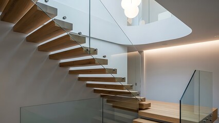 Modern Wooden Staircase with Glass Railings in Contemporary Interior Design.