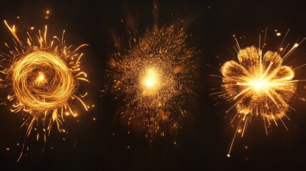 13.A collection of four golden fireworks captured mid-explosion, each with unique patterns of radiant streaks and glowing embers, designed to evoke a sense of celebration and excitement.