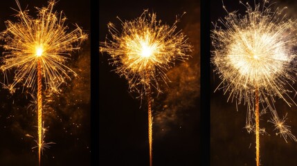 13.A collection of four golden fireworks captured mid-explosion, each with unique patterns of radiant streaks and glowing embers, designed to evoke a sense of celebration and excitement.