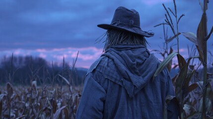 Scarecrow in a cornfield at dusk