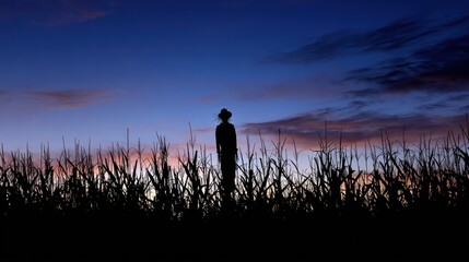 Silhouette figure in a cornfield at dawn