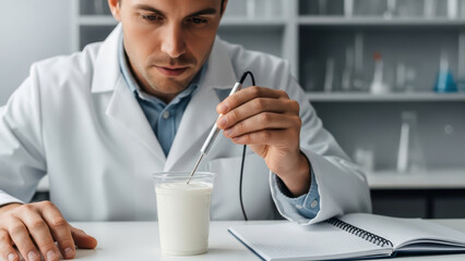 Focused food scientist measures temperature of dairy sample with digital probe thermometer in laboratory, conducting quality control test and recording results in research notebook