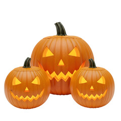 Three illuminated jack o lanterns halloween decoration isolated on transparent background