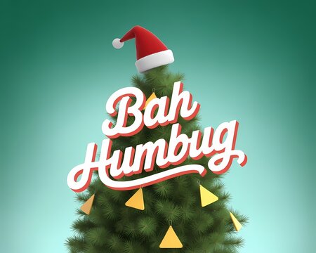 Illustration of a christmas tree with a santa hat and bah humbug text on a green background