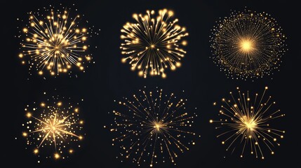 Naklejka premium 9.Set of Four Vector Golden Fireworks Bursting in Various Shapes on a Black Background
