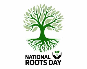 Illustration of national roots day logo with green tree and hands on white background
