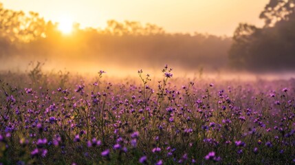 Naklejka premium 2.A magical, misty morning scene of a Blazing Star meadow, where thousands of purple blooms stretch toward the horizon, their delicate petals appearing almost weightless in the golden dawn.