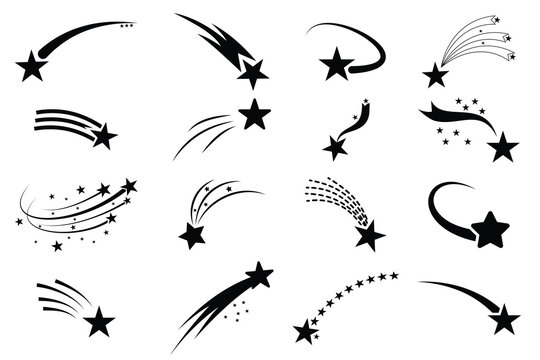 Black shooting stars isolated on white background. Set of shooting stars. A set of silhouettes displays shooting stars in various forms.