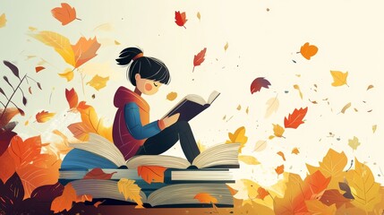44.A visually pleasing, stylized concept card for web use, depicting a young reader surrounded by a whimsical world of books and autumn leaves, rendered in a clean, modern flat design.
