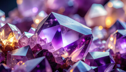 Cluster of amethyst crystals in vivid purple shades with warm yellow reflections—sharp facets and natural geometry for jewelry, decor, and gemology.