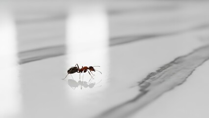 Fototapeta premium A small ant walks across a reflective white surface with dark patterns and blurred background.