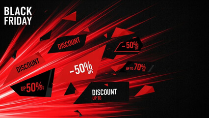 Black Friday Discount Blast: Dynamic red and black geometric shapes explode across the scene, emblazoned with enticing discount percentages.