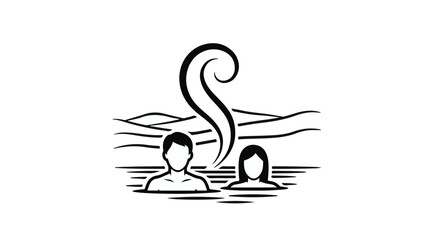 Fototapeta premium Stylized illustration shows a man and woman relaxing in hot spring steam rising above them.