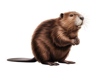 Close up portrait of a fluffy brown beaver standing on its hind legs with paws clasped