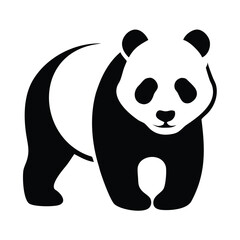 A stylized black and white illustration of a panda bear standing on all fours.