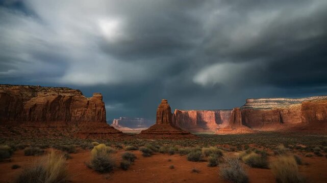 Dramatic Storm Clouds Gathering Over Monument Valley's Iconic Buttes Under a Moody Sky