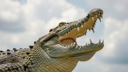 Obraz premium A powerful crocodile with its mouth wide open, showcasing its sharp teeth against a bright sky.