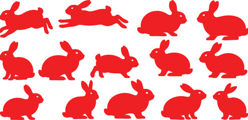 A playful pattern of vibrant red rabbit silhouettes on a light background