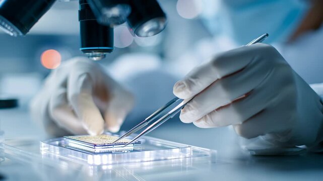 Scientist wearing gloves assembling microchip using tweezers under microscope in laboratory with bright lighting focused on precision technology electronics assembly and advanced development