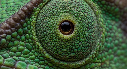 Macro view of a chameleons green scaly eye featuring a brown iris and a black pupil