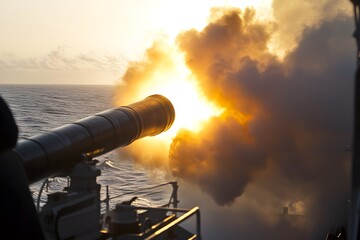 Navy ship cannon fires bright explosion over ocean at sunset