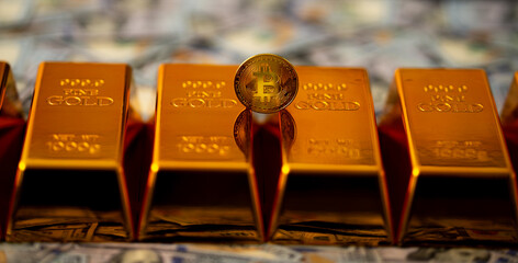 Bitcoin money and gold. Crypto investment with dollars, bitcoin, btc, and gold bars. Saving and earning cryptocurrency and financial trade. Digital wallet with bitcoin and cash. Virtual money concept.