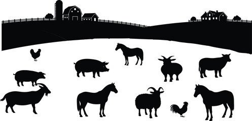 Silhouette of farm animals grazing in a field with a rural landscape backdrop