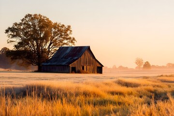Fototapeta premium Rustic countryside barn glowing at golden dawn embodying serene pastoral life in tranquil open farmland