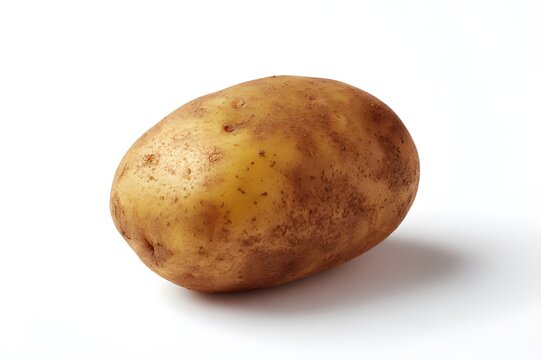 Single russet potato on white background presenting simple clean food subject with honest organic form