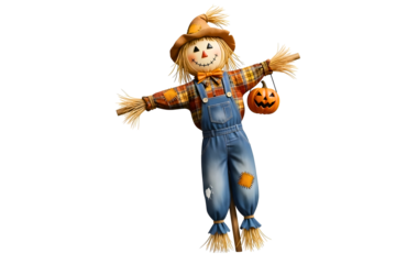 Cute scarecrow doll in denim overalls and plaid shirt isolated on transparent background